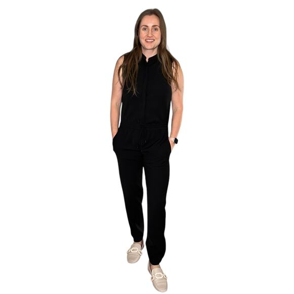 VINCE Black Straight Leg Button Front Jumpsuit Women's Size 2 Sleeveless Chic - Picture 1 of 9